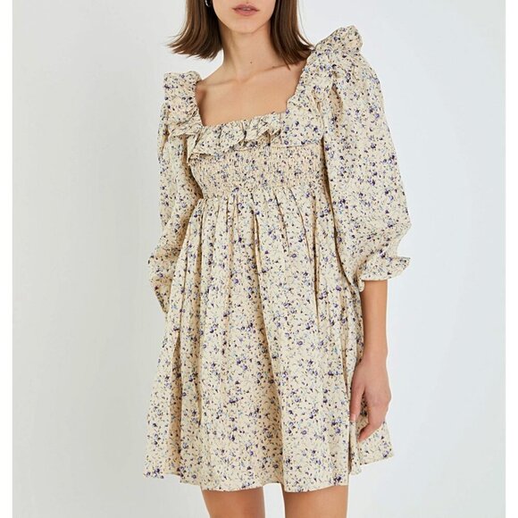 New Tnuck HH 100% Cotton Floral Freesia Mini Dress Ecru XS $168 - Picture 1 of 9